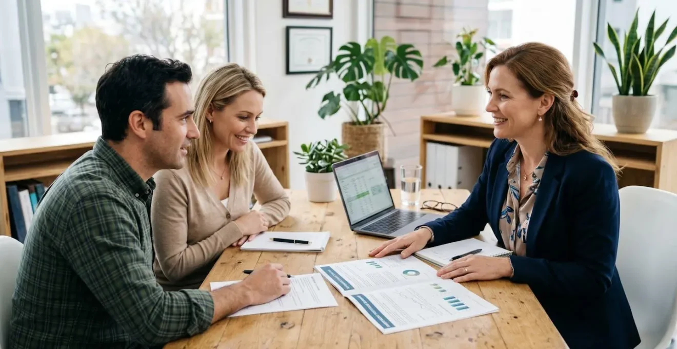 Conseiller financier présentant des documents de simulation à un couple dans un bureau lumineux