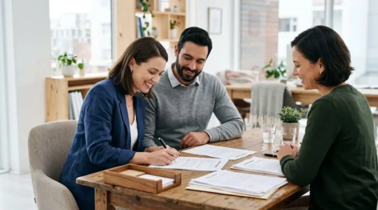 Couple en train de signer des documents de financement immobilier dans une agence
